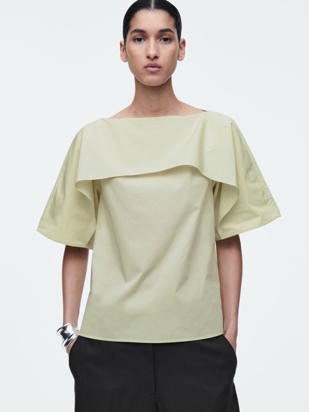 COS Lime Green Boxy Cotton Boatneck Flutter-Sleeve Top Maximalist Oversized
